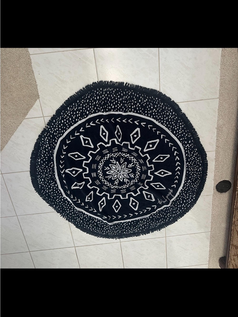 Round Black & White Beach Towel with Geometric Print